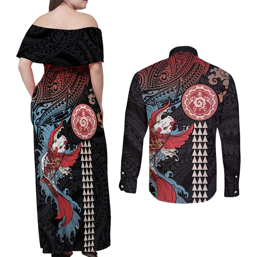 Hawaii and Japanese Together Couples Matching Off Shoulder Maxi Dress and Long Sleeve Button Shirt Koi Fish and Kakau Pattern LT03 - Polynesian Pride