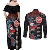 Hawaii and Japanese Together Couples Matching Off Shoulder Maxi Dress and Long Sleeve Button Shirt Koi Fish and Kakau Pattern LT03 - Polynesian Pride