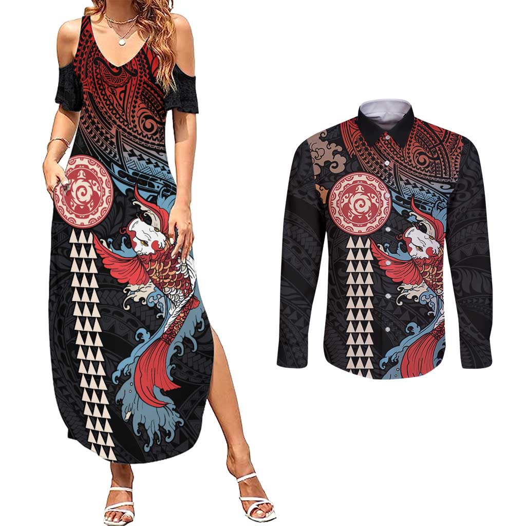 Hawaii and Japanese Together Couples Matching Summer Maxi Dress and Long Sleeve Button Shirt Koi Fish and Kakau Pattern LT03 Black - Polynesian Pride