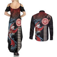 Hawaii and Japanese Together Couples Matching Summer Maxi Dress and Long Sleeve Button Shirt Koi Fish and Kakau Pattern LT03 - Polynesian Pride