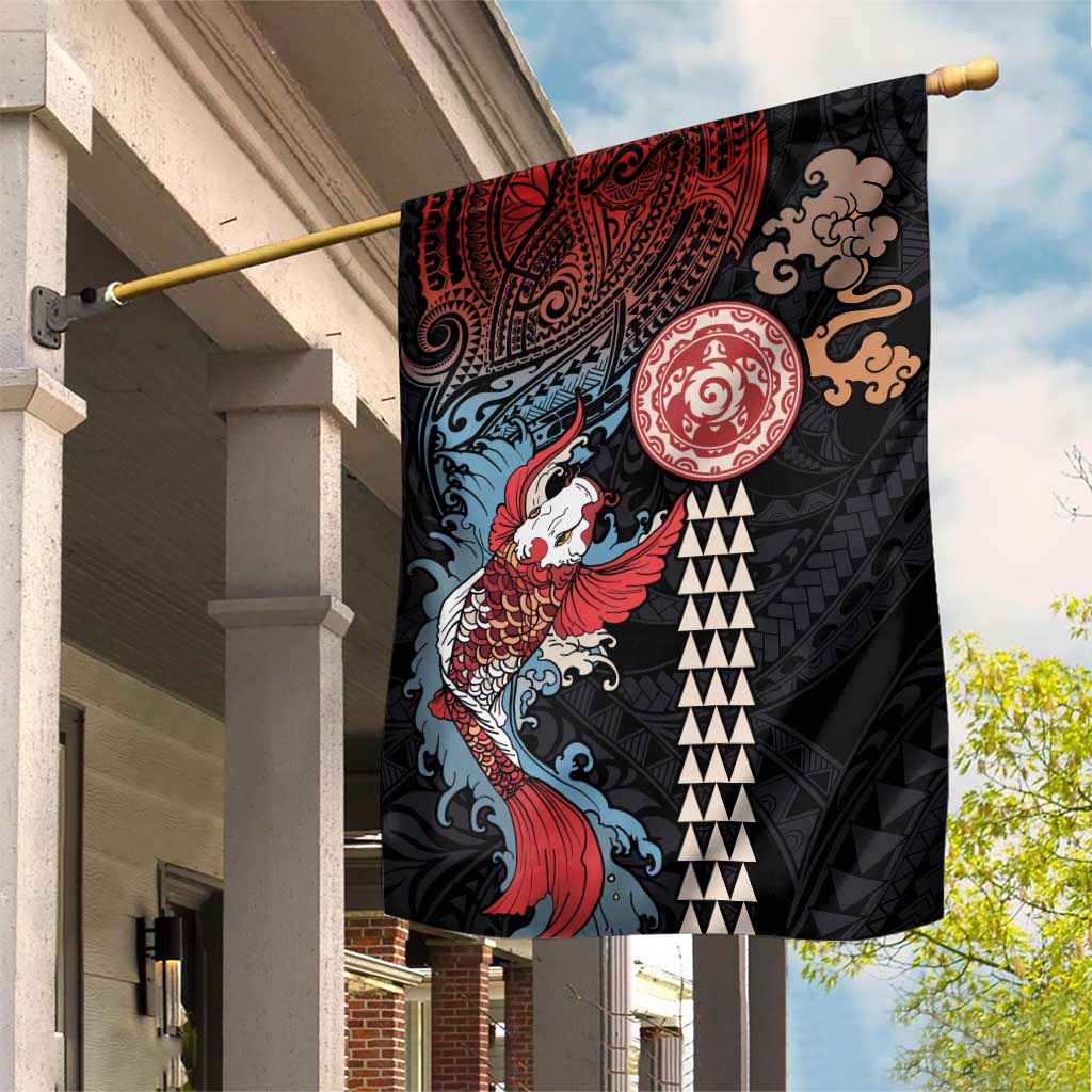 Hawaii and Japanese Together Garden Flag Koi Fish and Kakau Pattern LT03 House Flag Black - Polynesian Pride