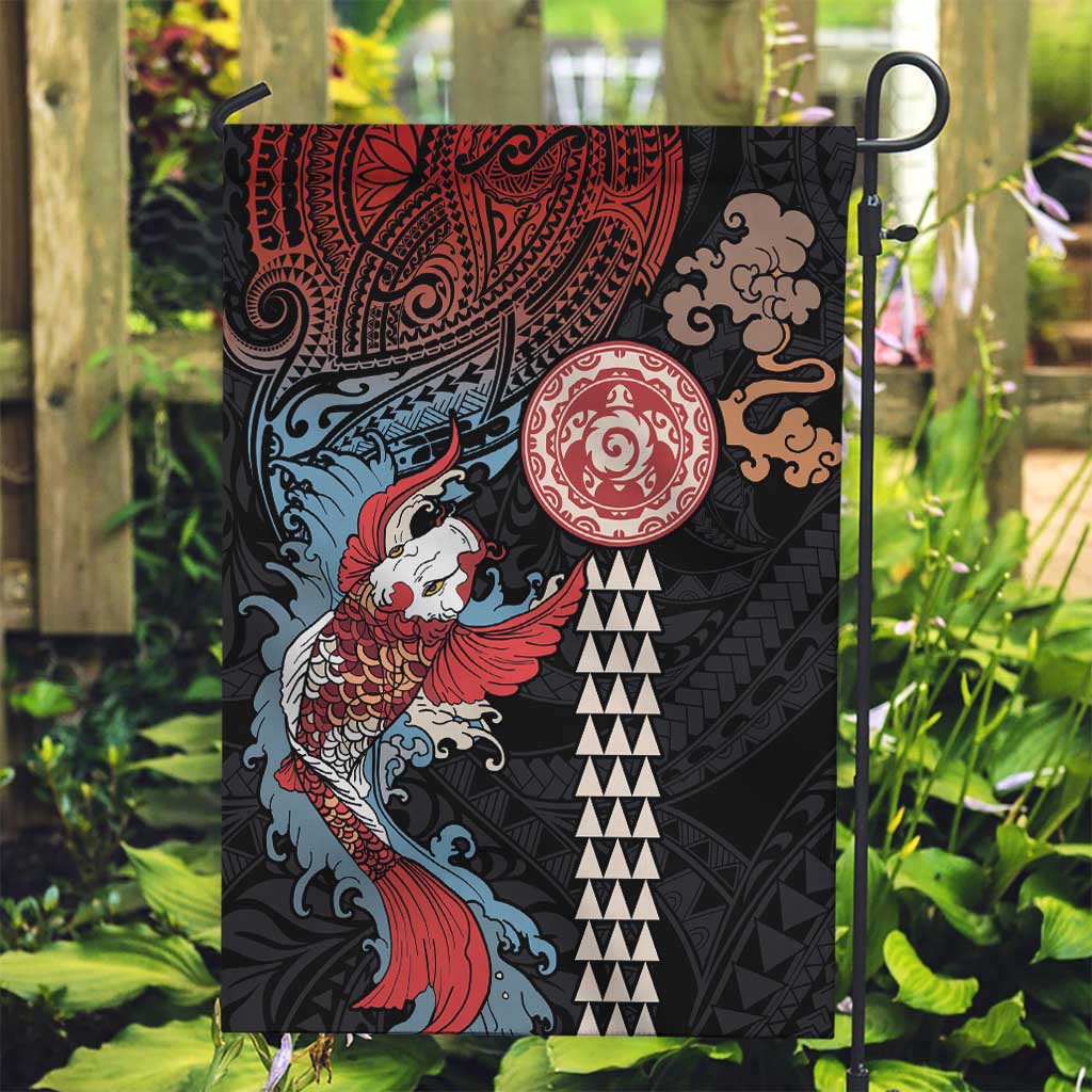 Hawaii and Japanese Together Garden Flag Koi Fish and Kakau Pattern LT03 Garden Flag Black - Polynesian Pride