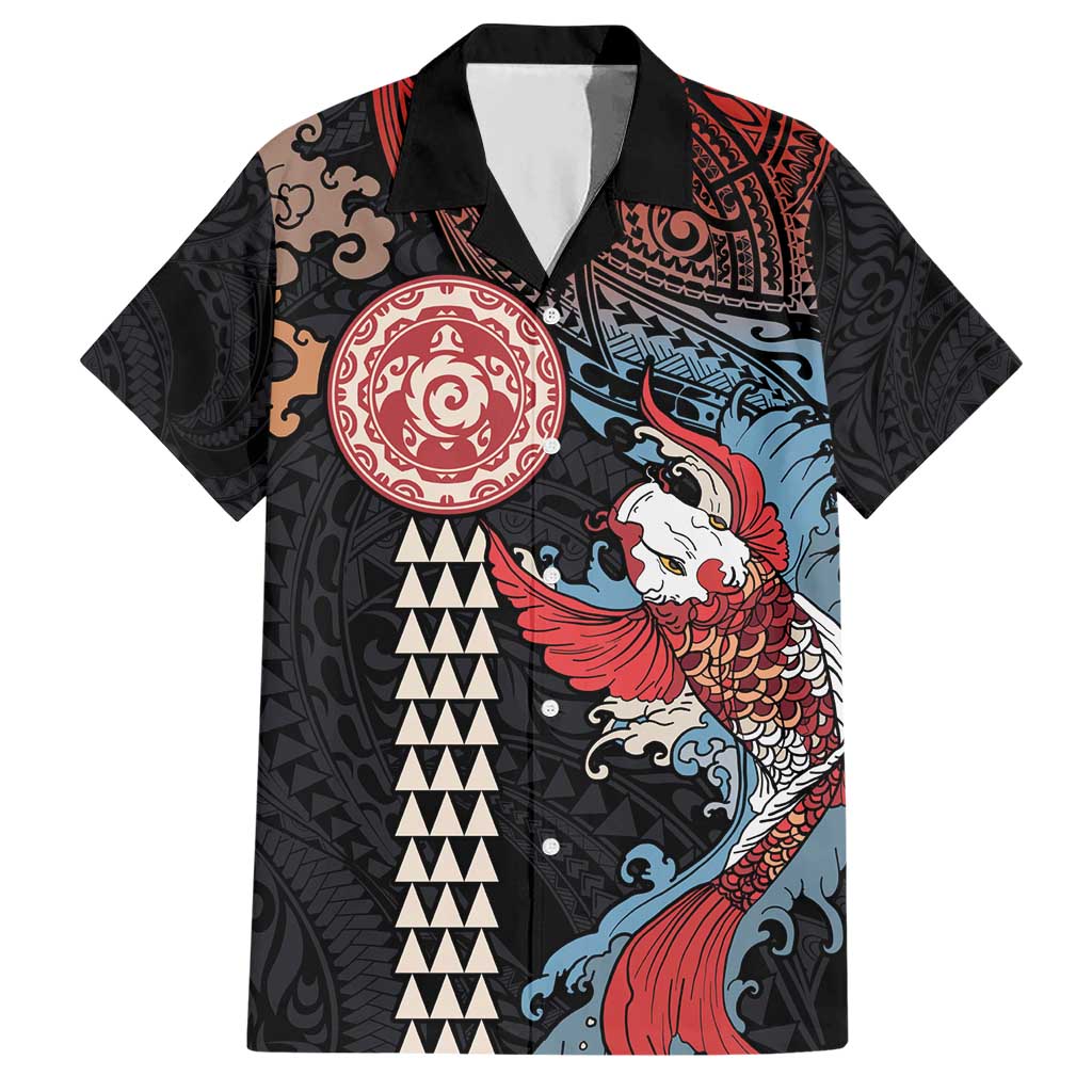 Hawaii and Japanese Together Hawaiian Shirt Koi Fish and Kakau Pattern LT03 Black - Polynesian Pride