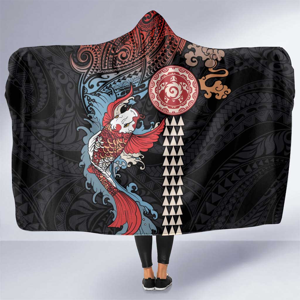 Hawaii and Japanese Together Hooded Blanket Koi Fish and Kakau Pattern LT03 One Size Black - Polynesian Pride