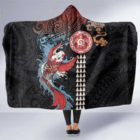 Hawaii and Japanese Together Hooded Blanket Koi Fish and Kakau Pattern LT03 One Size Black - Polynesian Pride