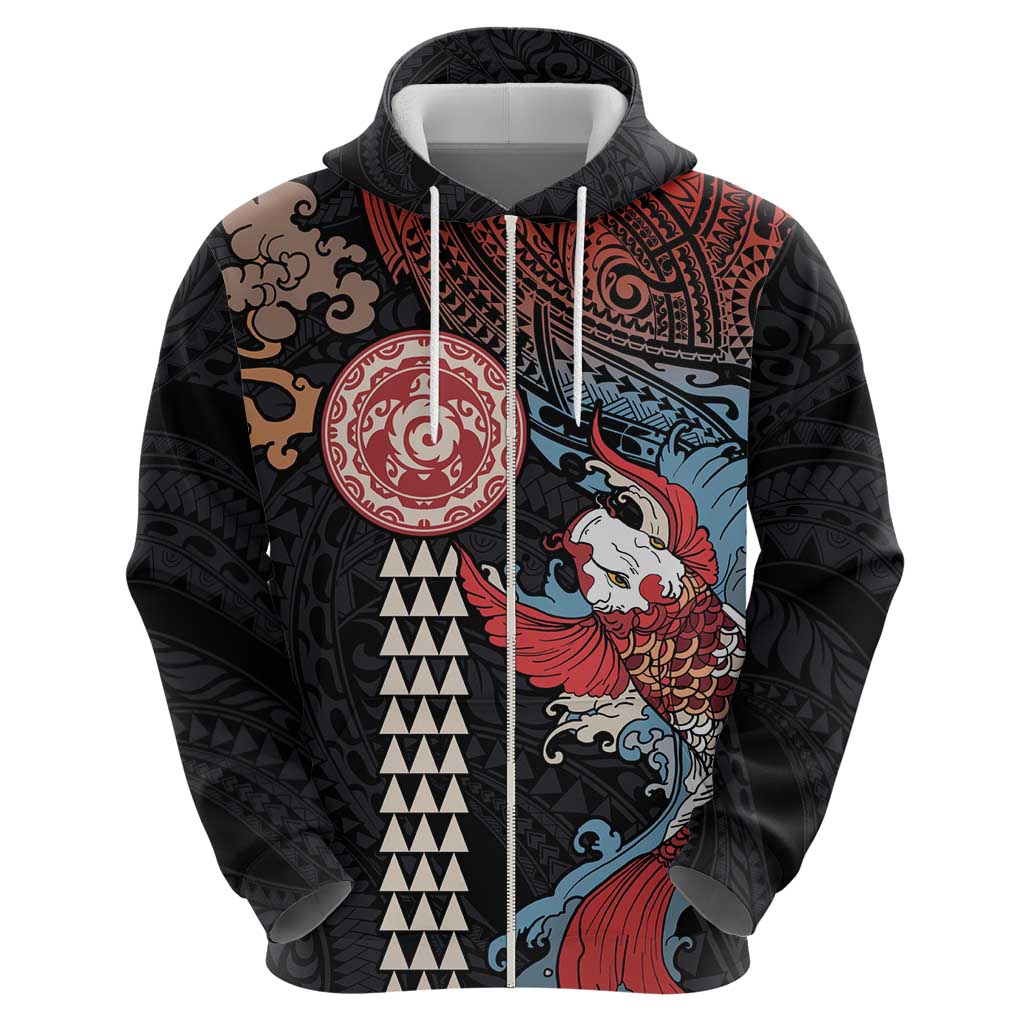 Hawaii and Japanese Together Hoodie Koi Fish and Kakau Pattern LT03 - Polynesian Pride