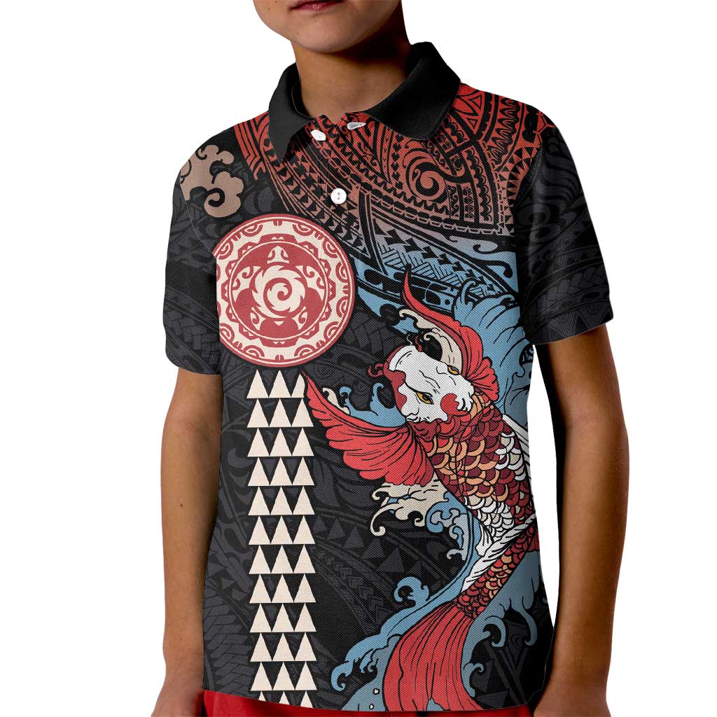 Hawaii and Japanese Together Kid Polo Shirt Koi Fish and Kakau Pattern LT03 Kid Black - Polynesian Pride
