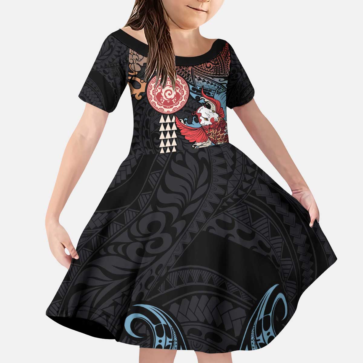 Hawaii and Japanese Together Kid Short Sleeve Dress Koi Fish and Kakau Pattern LT03 KID Black - Polynesian Pride