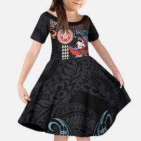Hawaii and Japanese Together Kid Short Sleeve Dress Koi Fish and Kakau Pattern LT03 KID Black - Polynesian Pride