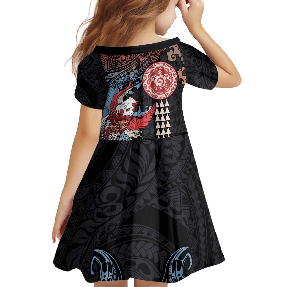 Hawaii and Japanese Together Kid Short Sleeve Dress Koi Fish and Kakau Pattern LT03 - Polynesian Pride