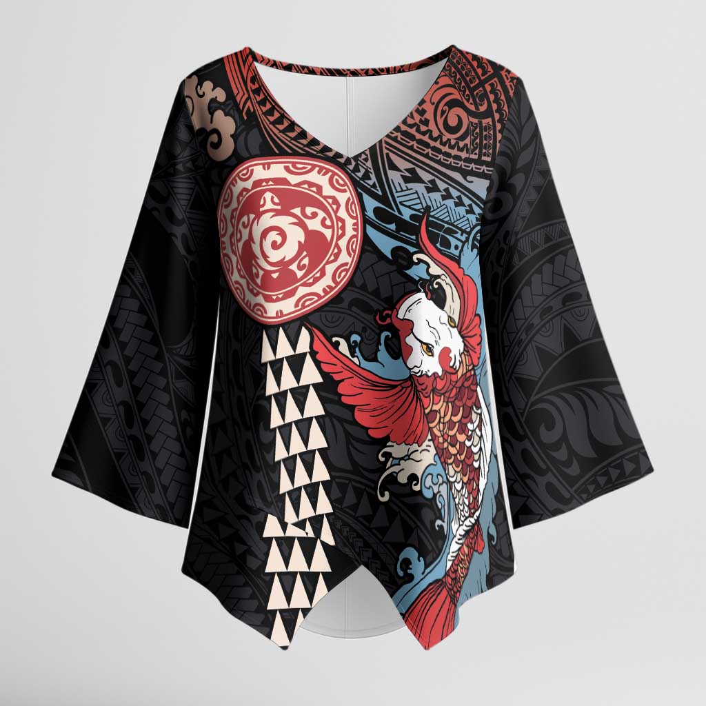 Hawaii and Japanese Together Kimono Sleeve Blouse Koi Fish and Kakau Pattern LT03 Female Black - Polynesian Pride