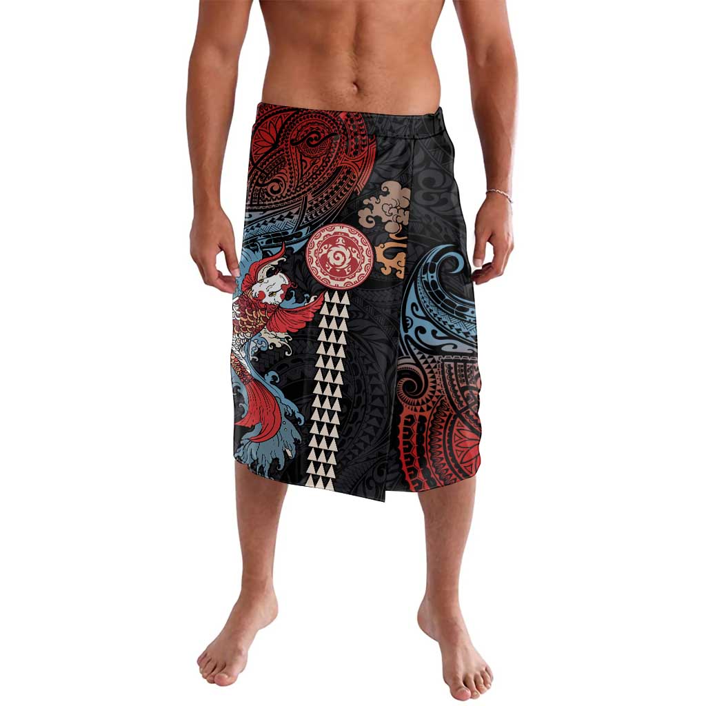 Hawaii and Japanese Together Lavalava Koi Fish and Kakau Pattern LT03 Black - Polynesian Pride