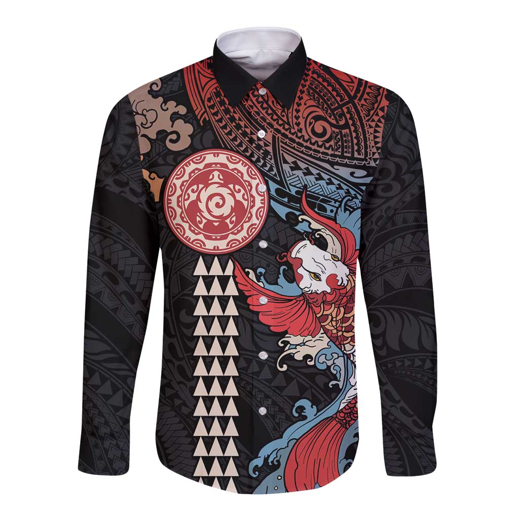 Hawaii and Japanese Together Long Sleeve Button Shirt Koi Fish and Kakau Pattern LT03 Unisex Black - Polynesian Pride