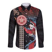 Hawaii and Japanese Together Long Sleeve Button Shirt Koi Fish and Kakau Pattern LT03 Unisex Black - Polynesian Pride