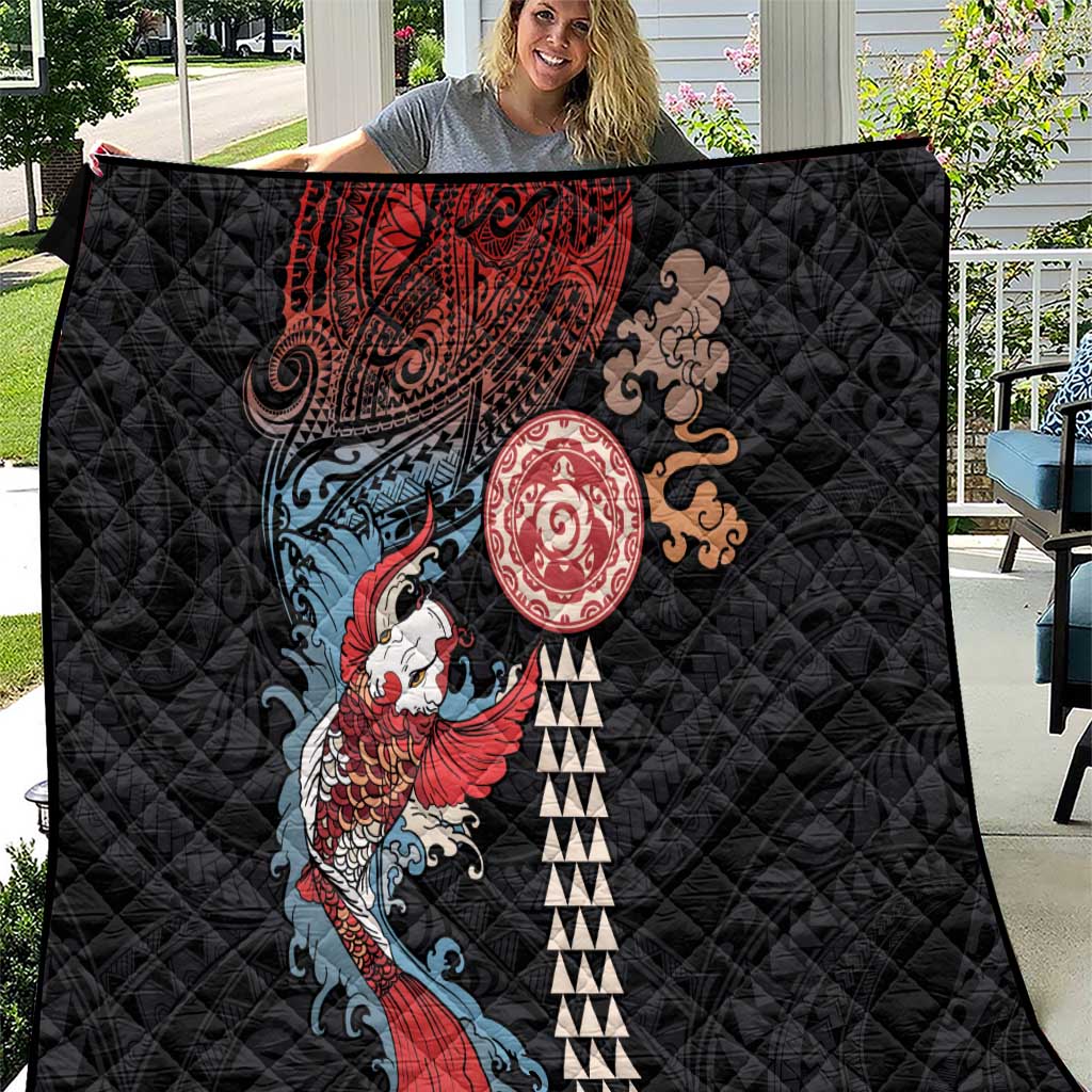 Hawaii and Japanese Together Quilt Koi Fish and Kakau Pattern LT03 Black - Polynesian Pride