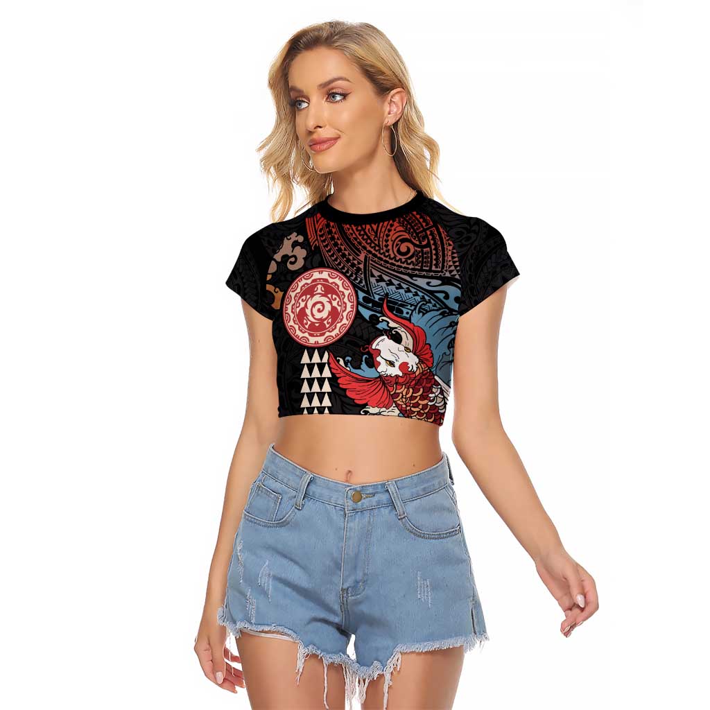 Hawaii and Japanese Together Raglan Cropped T Shirt Koi Fish and Kakau Pattern LT03 Female Black - Polynesian Pride