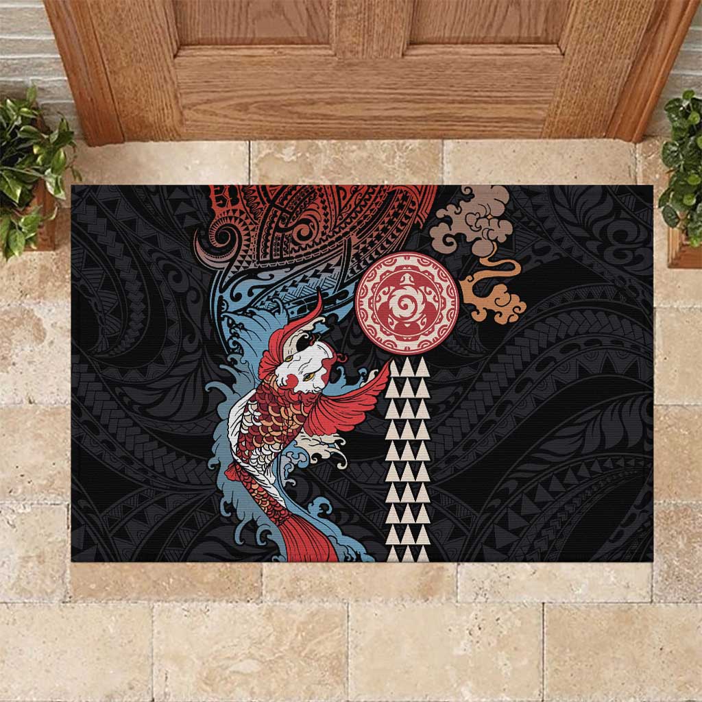 Hawaii and Japanese Together Rubber Doormat Koi Fish and Kakau Pattern LT03 Black - Polynesian Pride