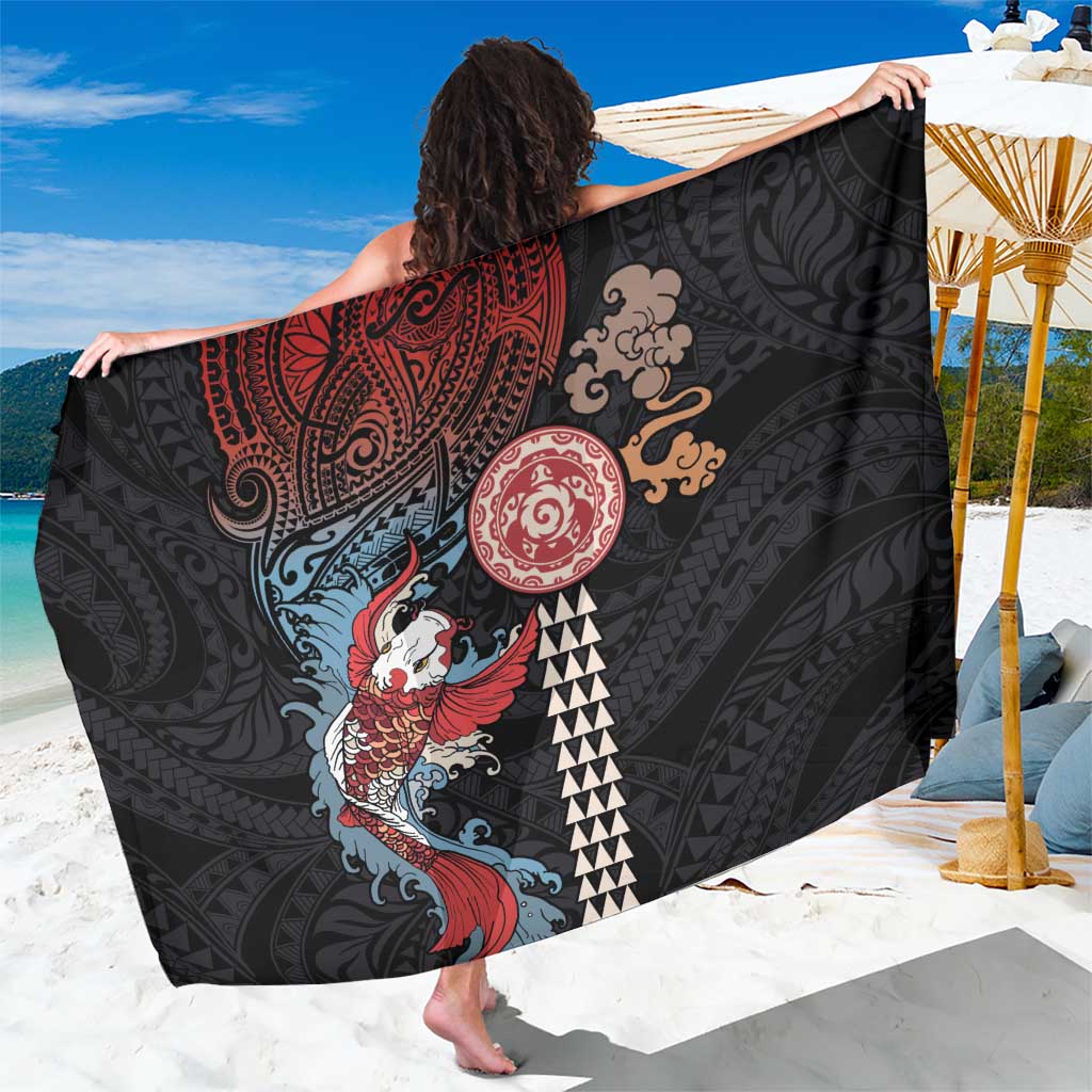 Hawaii and Japanese Together Sarong Koi Fish and Kakau Pattern LT03 One Size 44 x 66 inches Black - Polynesian Pride