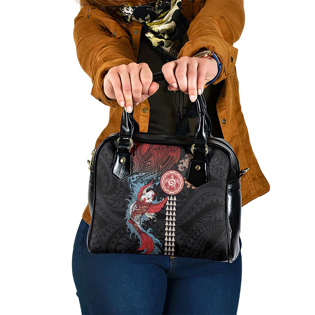 Hawaii and Japanese Together Shoulder Handbag Koi Fish and Kakau Pattern LT03 One Size Black - Polynesian Pride
