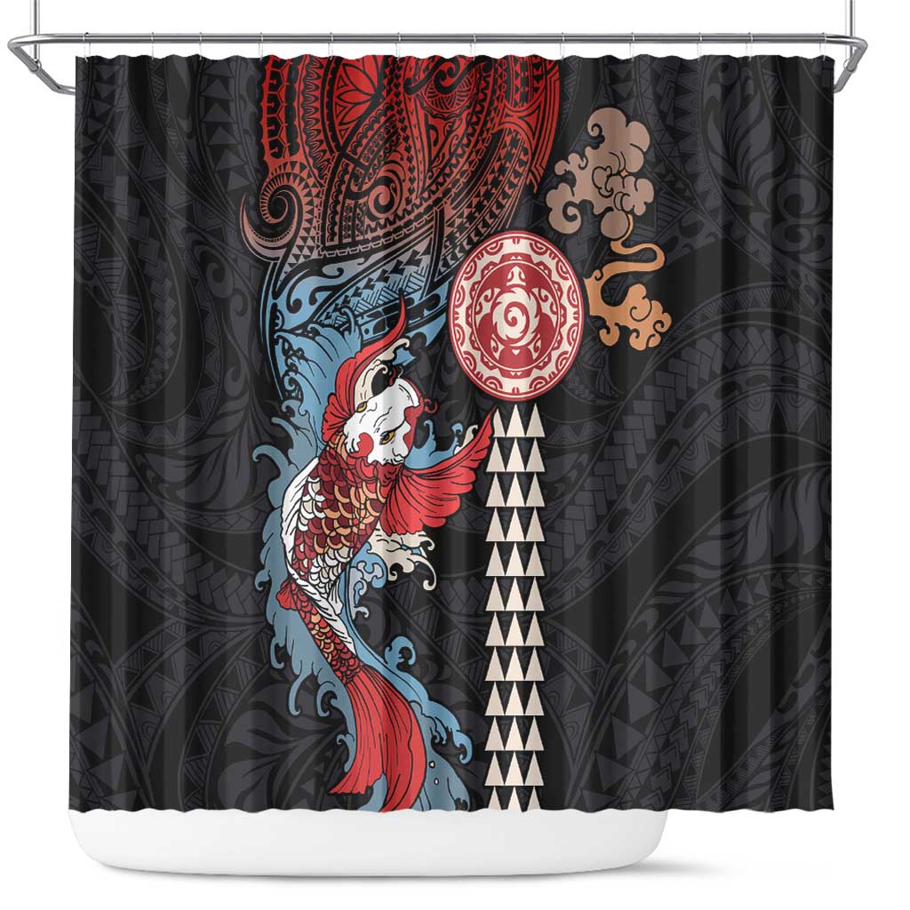 Hawaii and Japanese Together Shower Curtain Koi Fish and Kakau Pattern LT03 Black - Polynesian Pride
