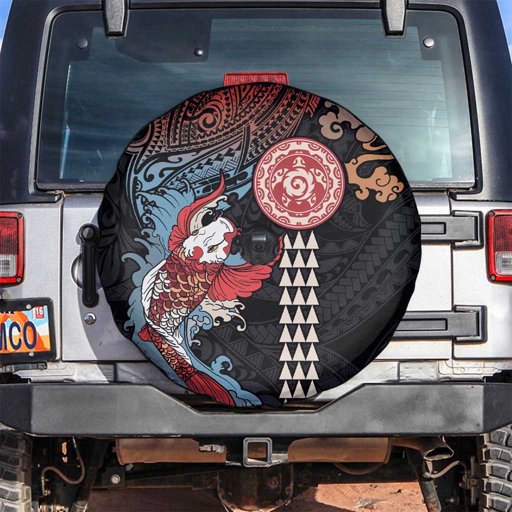 Hawaii and Japanese Together Spare Tire Cover Koi Fish and Kakau Pattern LT03 Black - Polynesian Pride