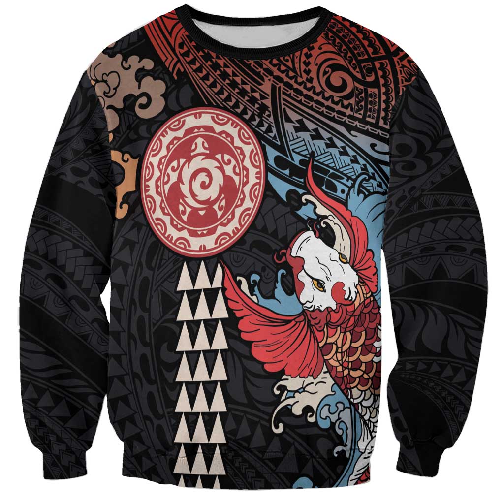 Hawaii and Japanese Together Sweatshirt Koi Fish and Kakau Pattern LT03 Unisex Black - Polynesian Pride