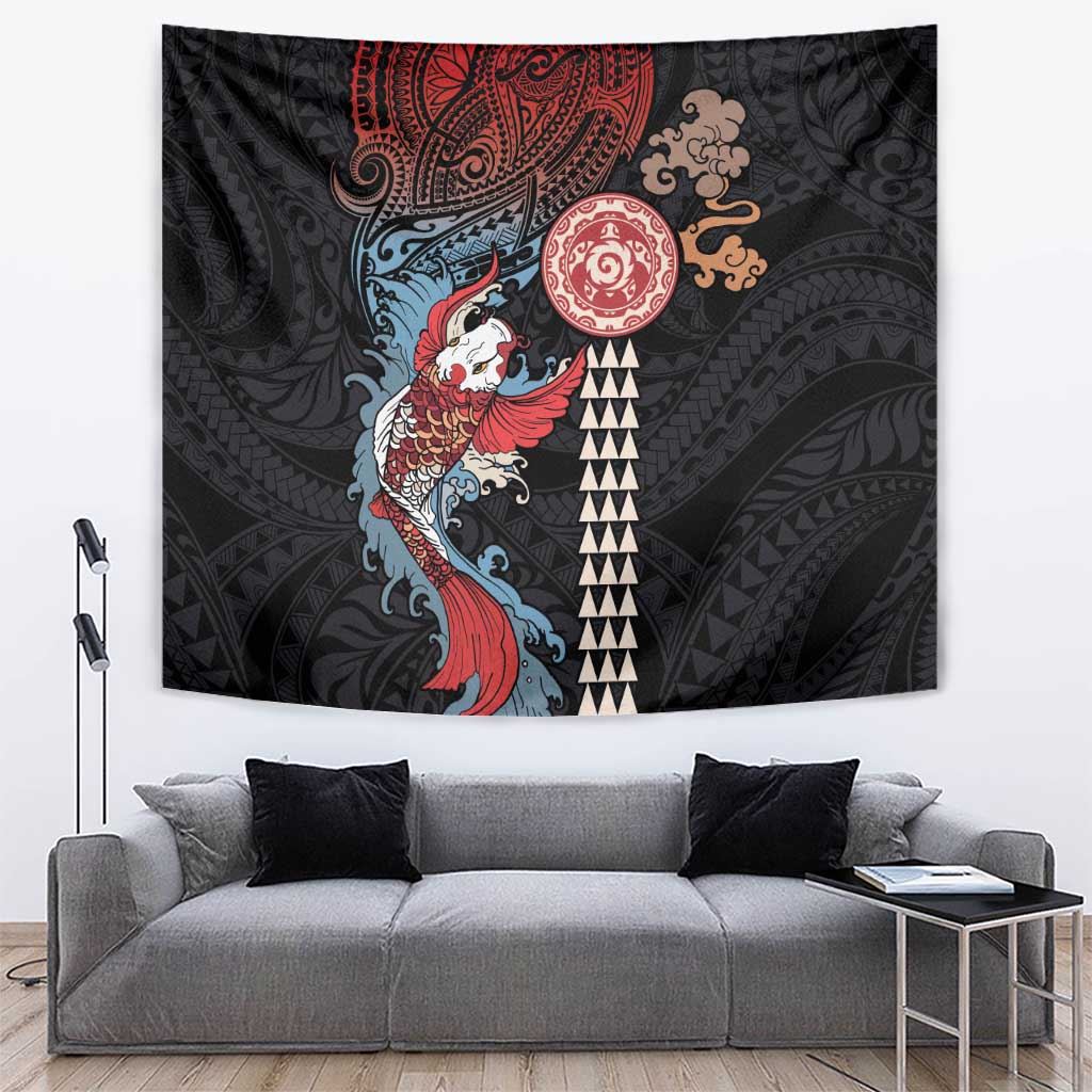 Hawaii and Japanese Together Tapestry Koi Fish and Kakau Pattern LT03 Black - Polynesian Pride