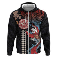 Hawaii and Japanese Together Zip Hoodie Koi Fish and Kakau Pattern LT03 Zip Hoodie Black - Polynesian Pride