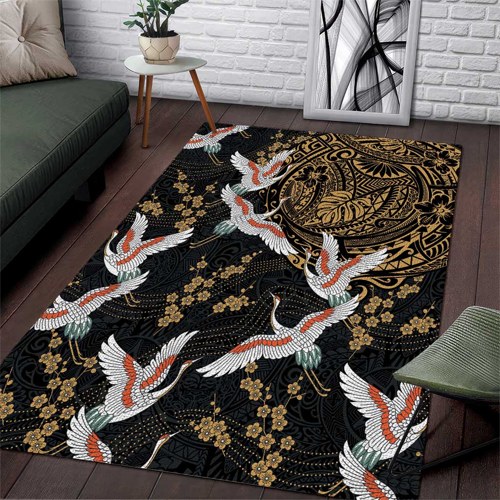 Hawaii and Japanese Together Area Rug Cranes Birds with Kakau Pattern LT03 Black - Polynesian Pride