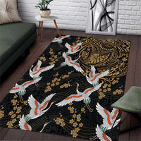 Hawaii and Japanese Together Area Rug Cranes Birds with Kakau Pattern LT03 Black - Polynesian Pride