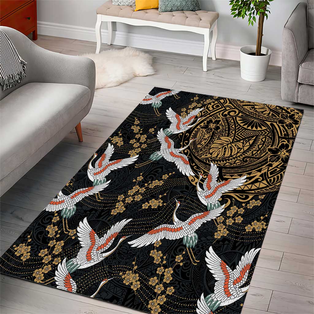 Hawaii and Japanese Together Area Rug Cranes Birds with Kakau Pattern LT03 - Polynesian Pride