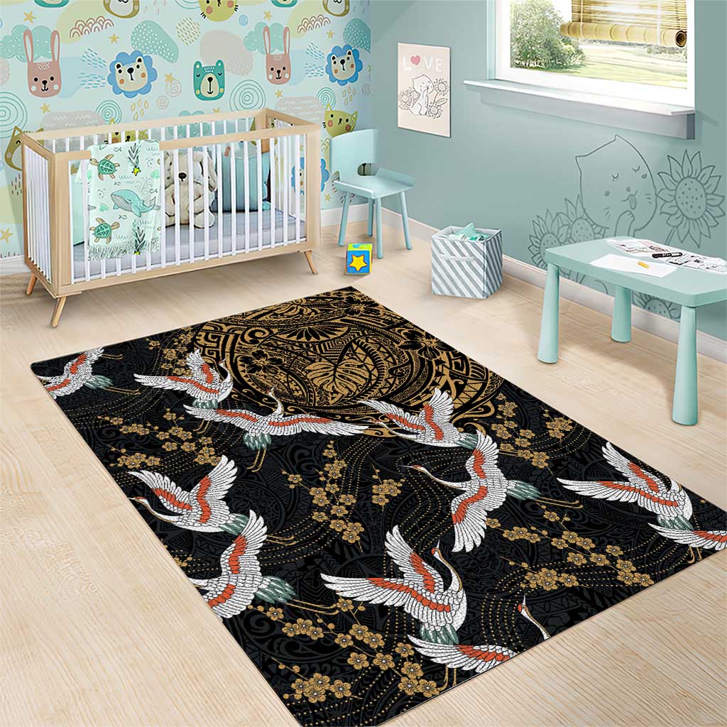 Hawaii and Japanese Together Area Rug Cranes Birds with Kakau Pattern LT03 - Polynesian Pride