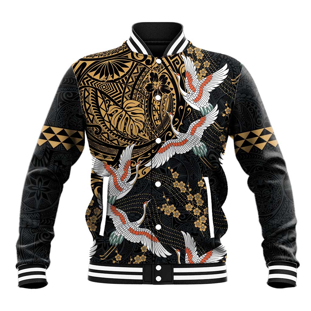 Hawaii and Japanese Together Baseball Jacket Cranes Birds with Kakau Pattern LT03 Unisex Black - Polynesian Pride