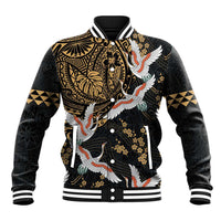 Hawaii and Japanese Together Baseball Jacket Cranes Birds with Kakau Pattern LT03 Unisex Black - Polynesian Pride