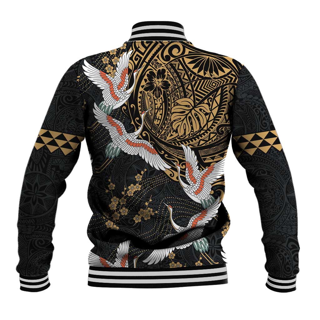 Hawaii and Japanese Together Baseball Jacket Cranes Birds with Kakau Pattern LT03 - Polynesian Pride
