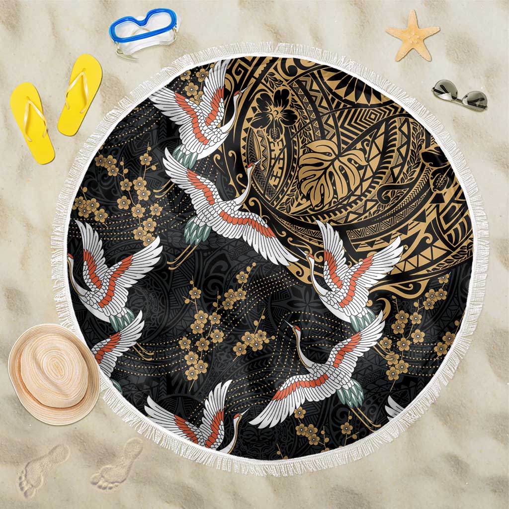 Hawaii and Japanese Together Beach Blanket Cranes Birds with Kakau Pattern LT03 One Size 150cm Black - Polynesian Pride