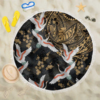 Hawaii and Japanese Together Beach Blanket Cranes Birds with Kakau Pattern LT03 One Size 150cm Black - Polynesian Pride