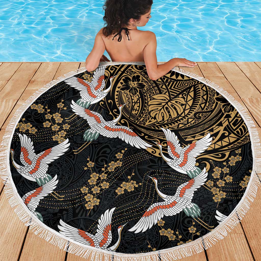 Hawaii and Japanese Together Beach Blanket Cranes Birds with Kakau Pattern LT03 - Polynesian Pride