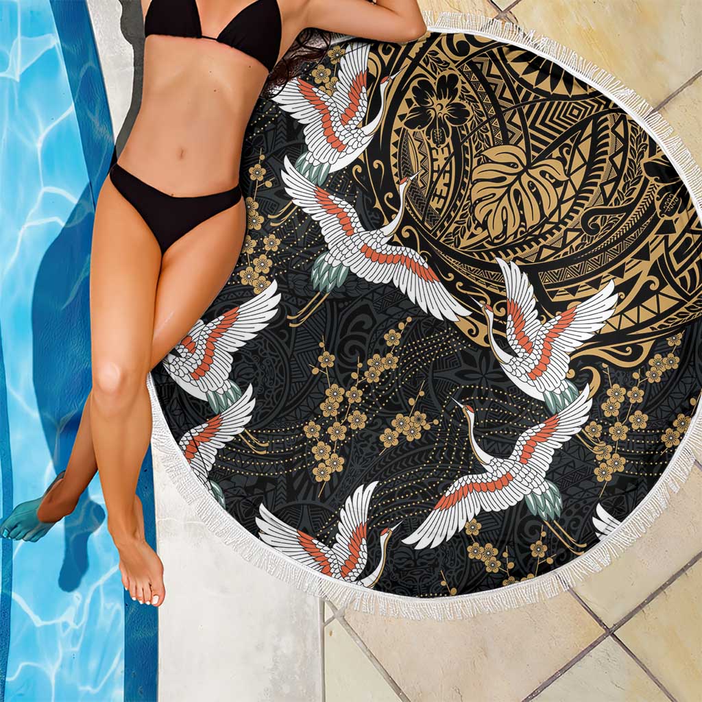 Hawaii and Japanese Together Beach Blanket Cranes Birds with Kakau Pattern LT03 - Polynesian Pride