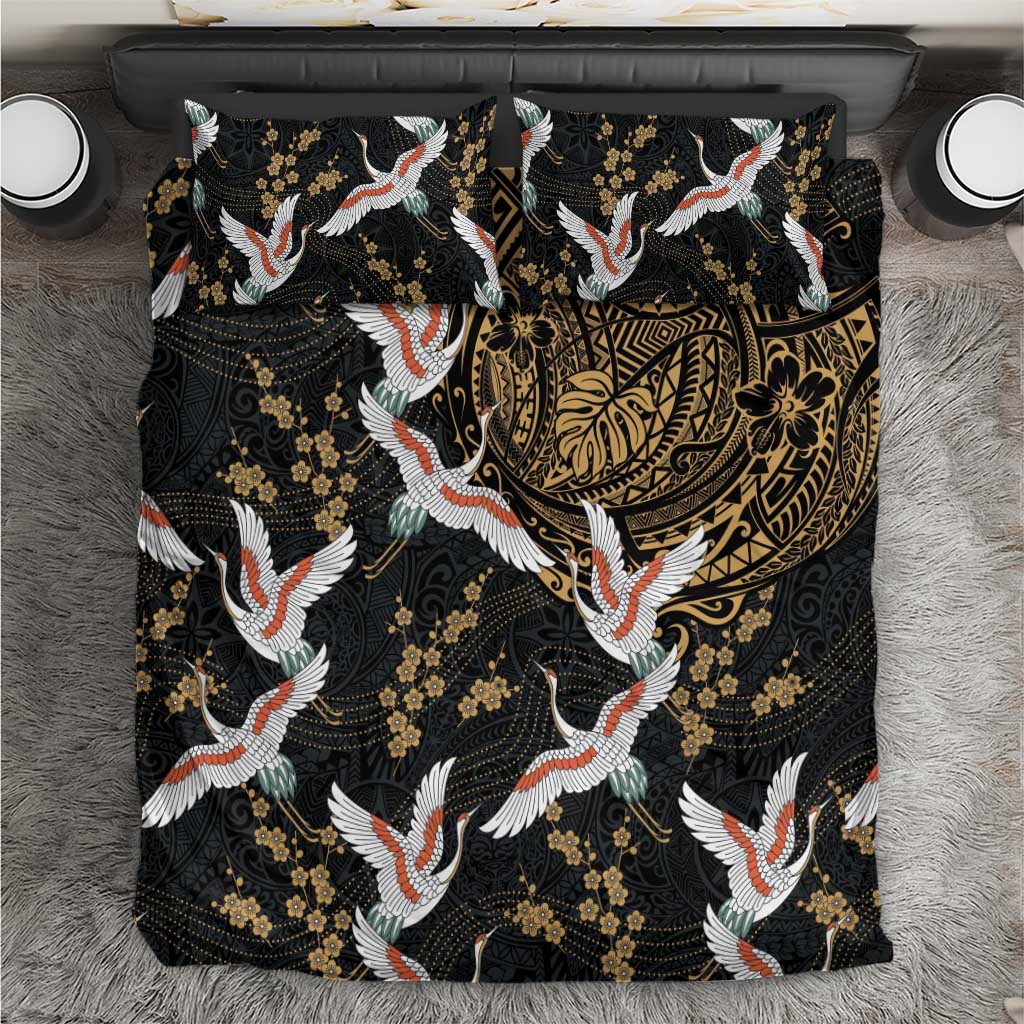 Hawaii and Japanese Together Bedding Set Cranes Birds with Kakau Pattern