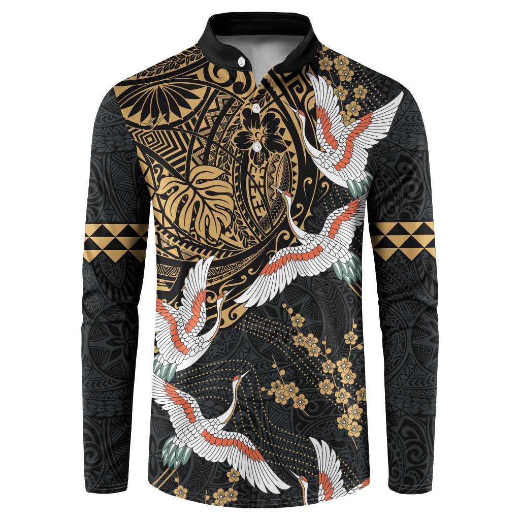 Hawaii and Japanese Together Button Sweatshirt Cranes Birds with Kakau Pattern LT03 Black - Polynesian Pride