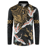 Hawaii and Japanese Together Button Sweatshirt Cranes Birds with Kakau Pattern LT03 Black - Polynesian Pride