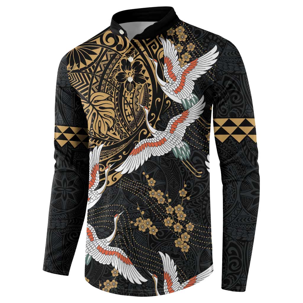 Hawaii and Japanese Together Button Sweatshirt Cranes Birds with Kakau Pattern LT03 - Polynesian Pride