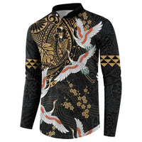 Hawaii and Japanese Together Button Sweatshirt Cranes Birds with Kakau Pattern LT03 - Polynesian Pride