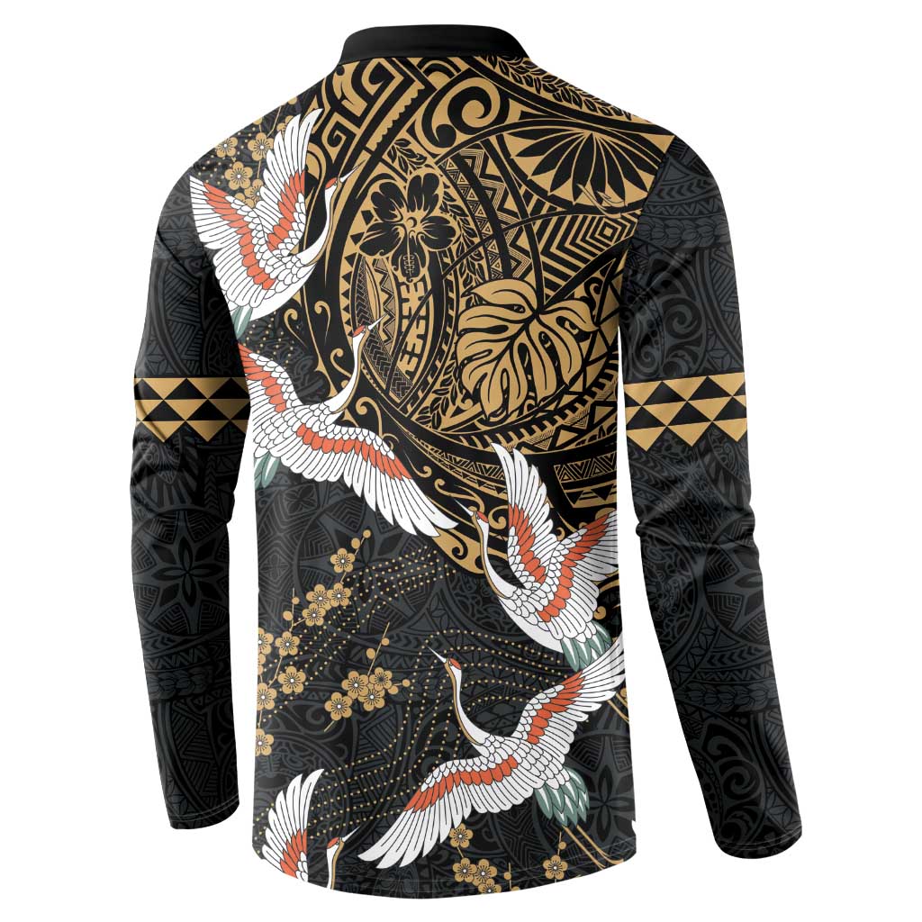Hawaii and Japanese Together Button Sweatshirt Cranes Birds with Kakau Pattern LT03 - Polynesian Pride