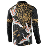 Hawaii and Japanese Together Button Sweatshirt Cranes Birds with Kakau Pattern LT03 - Polynesian Pride