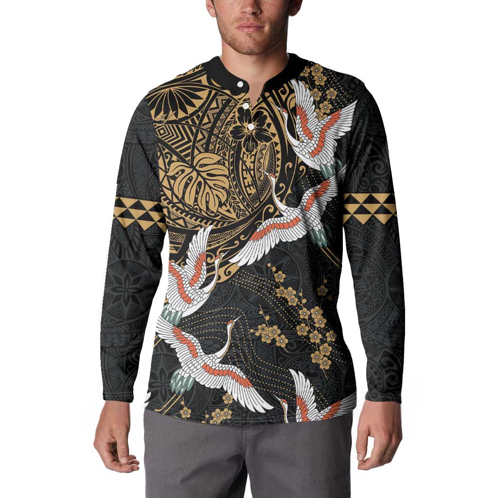 Hawaii and Japanese Together Button Sweatshirt Cranes Birds with Kakau Pattern LT03 - Polynesian Pride