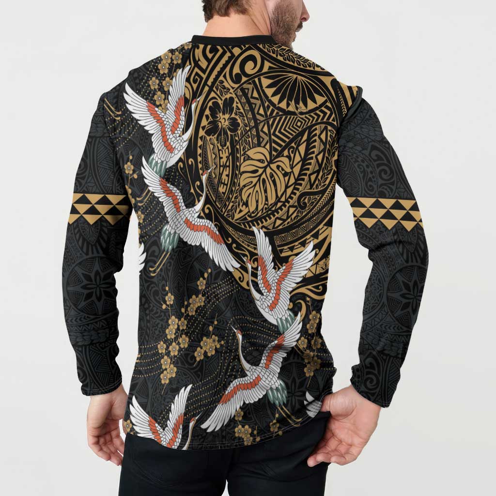Hawaii and Japanese Together Button Sweatshirt Cranes Birds with Kakau Pattern LT03 - Polynesian Pride