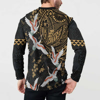 Hawaii and Japanese Together Button Sweatshirt Cranes Birds with Kakau Pattern LT03 - Polynesian Pride