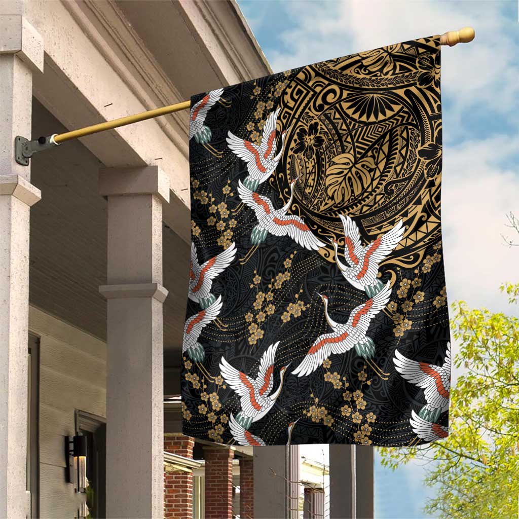 Hawaii and Japanese Together Garden Flag Cranes Birds with Kakau Pattern LT03 House Flag Black - Polynesian Pride